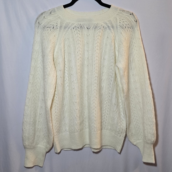 o.p.t Sweaters - O.P.T Cream Wool Mohair Blend Open Pointelle Knit Balloon Sleeve Sweater, sz L